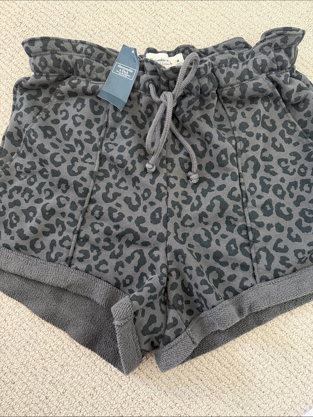 Abercrombie & Fitch Cozy Grey Leopard Print Drawstring Shorts medium